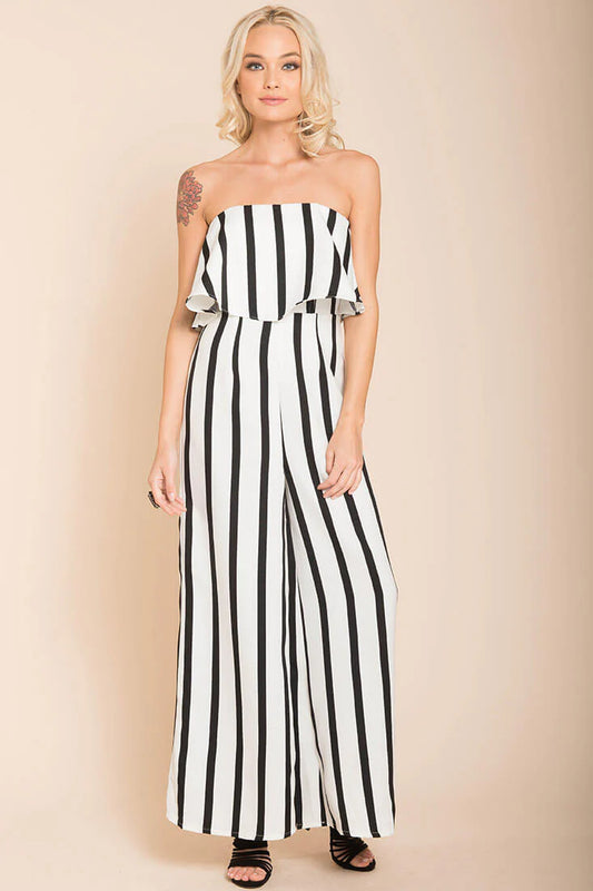 Posh Pin Stripe Ruffle Jumpsuit White