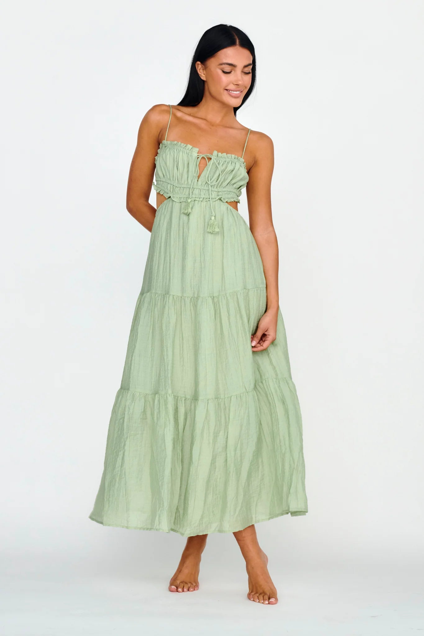 Eyona Cut-Out Waist Tie Maxi Dress Sage