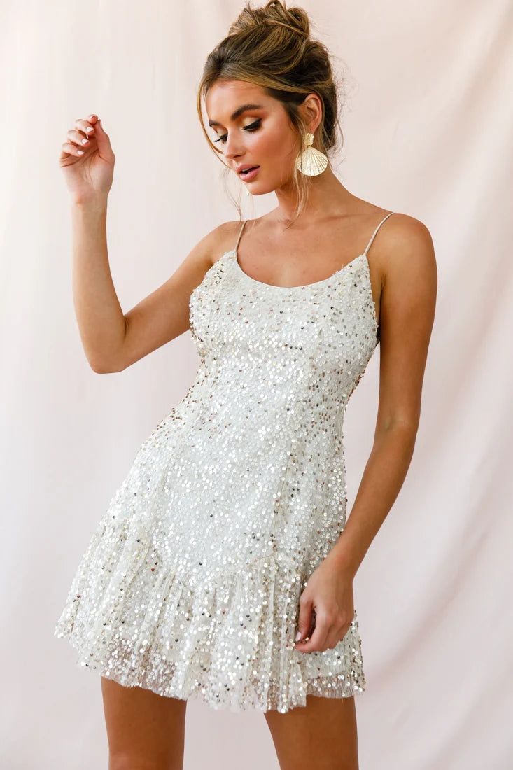 Shine Spaghetti Strap Sequin Mini Dress Champagne