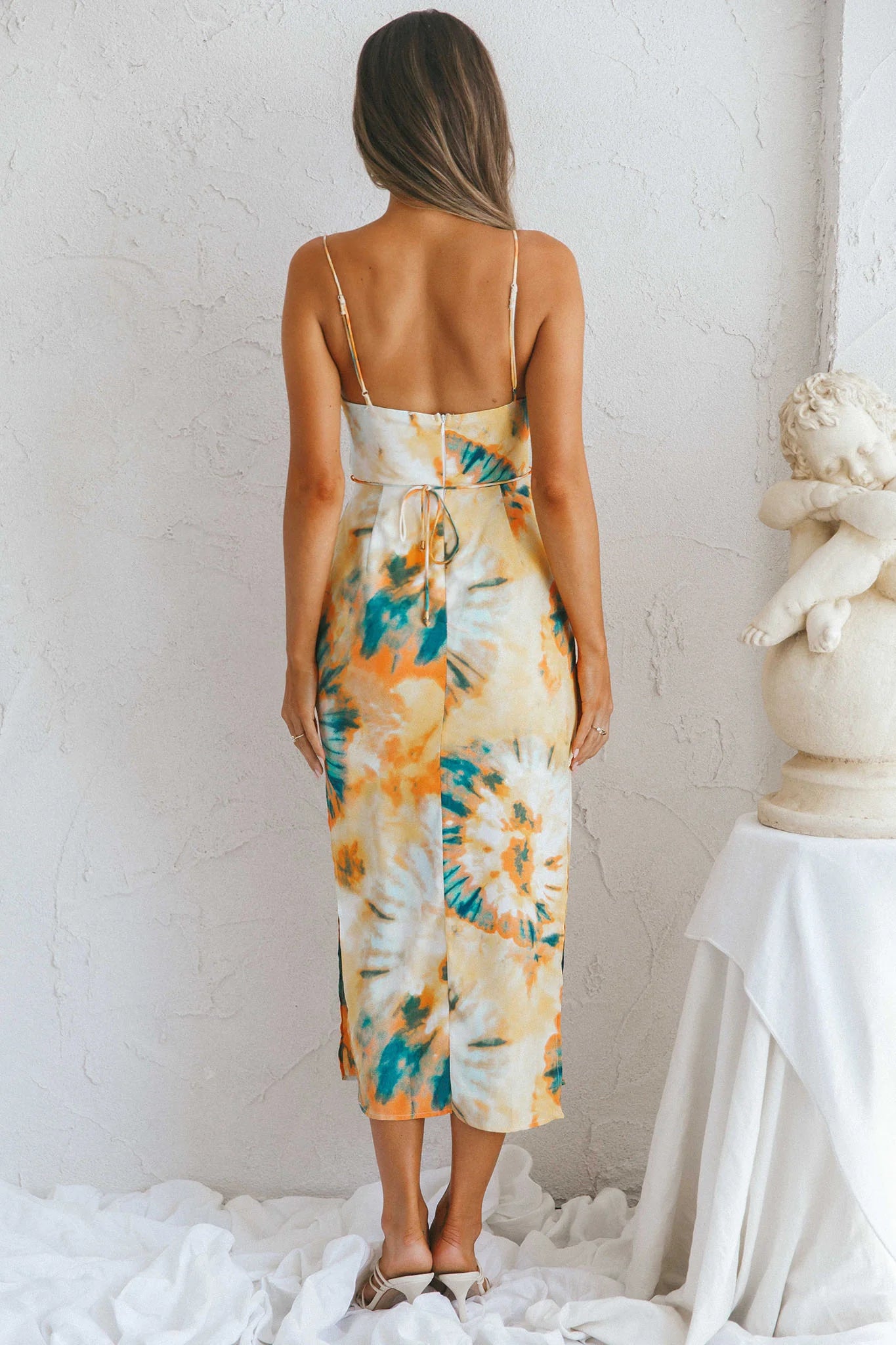 Crazy In Love Cowl Neck Cut-Out Waist Midi Dress Tie-Dye Yellow