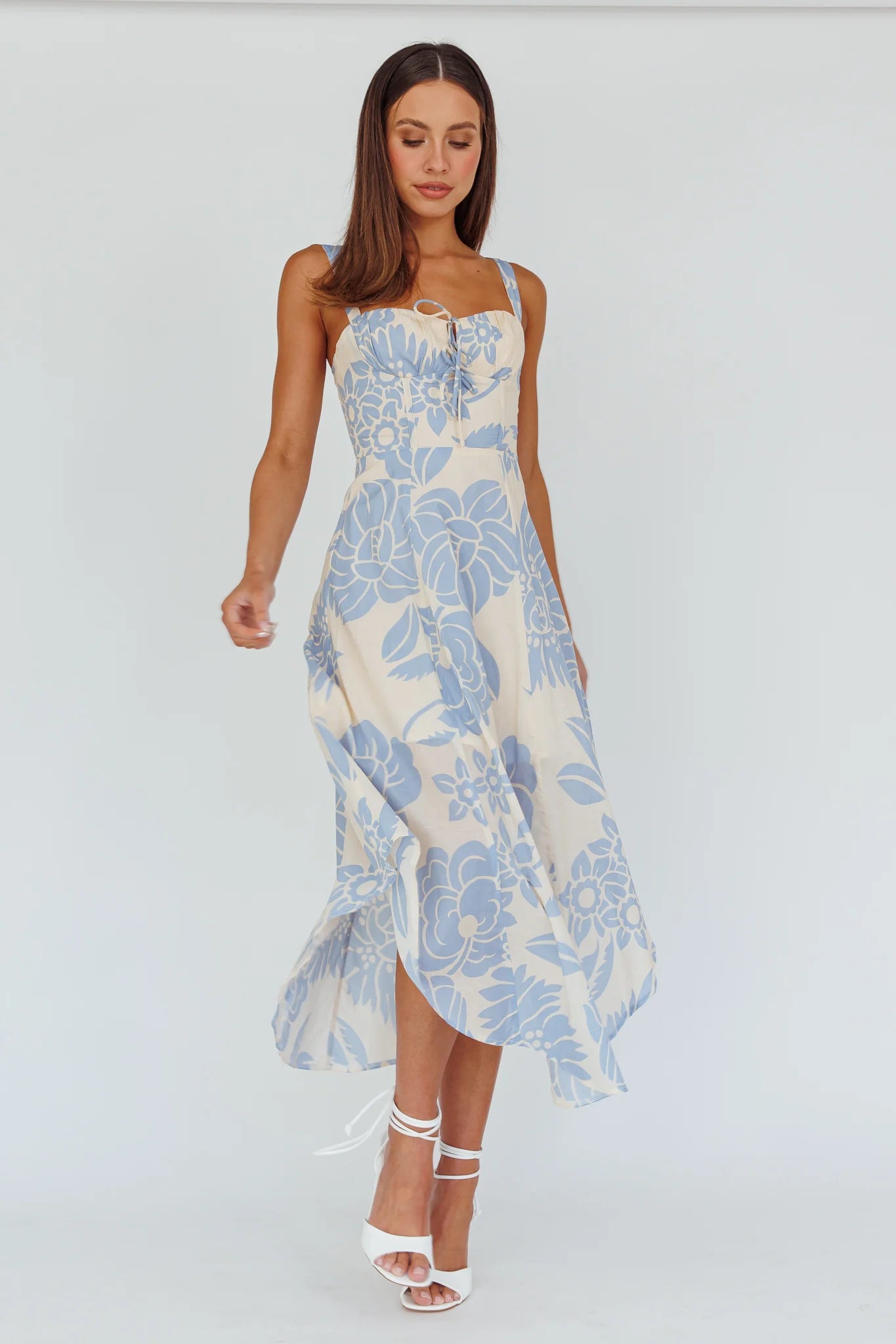 Euro Summer Asymmetrical Hem Midi Dress Floral Beige