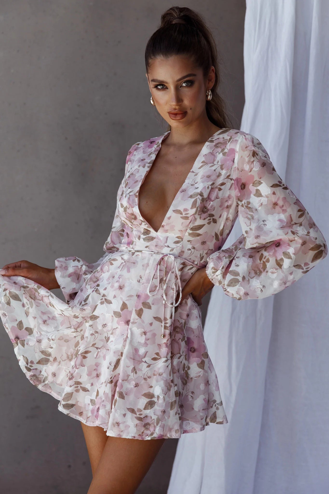 Estelle Long Sleeve V-Neckline Dress Watercolor Floral Print Rose