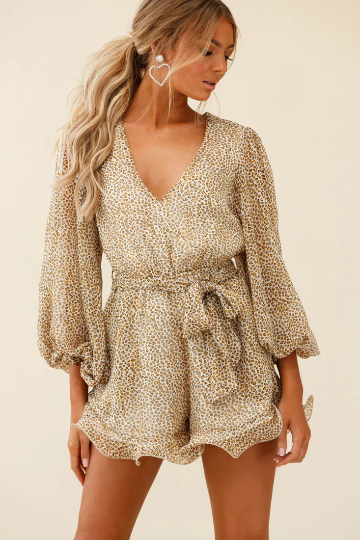 Hilda Long Sleeve Waist Tie Romper Leopard Print Mustard