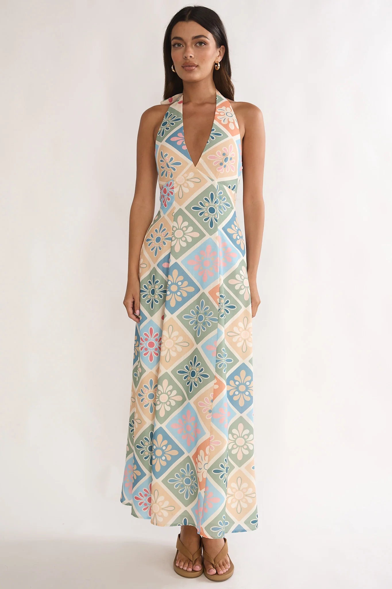 Nolara A-Line Halterneck Maxi Dress Green Multi