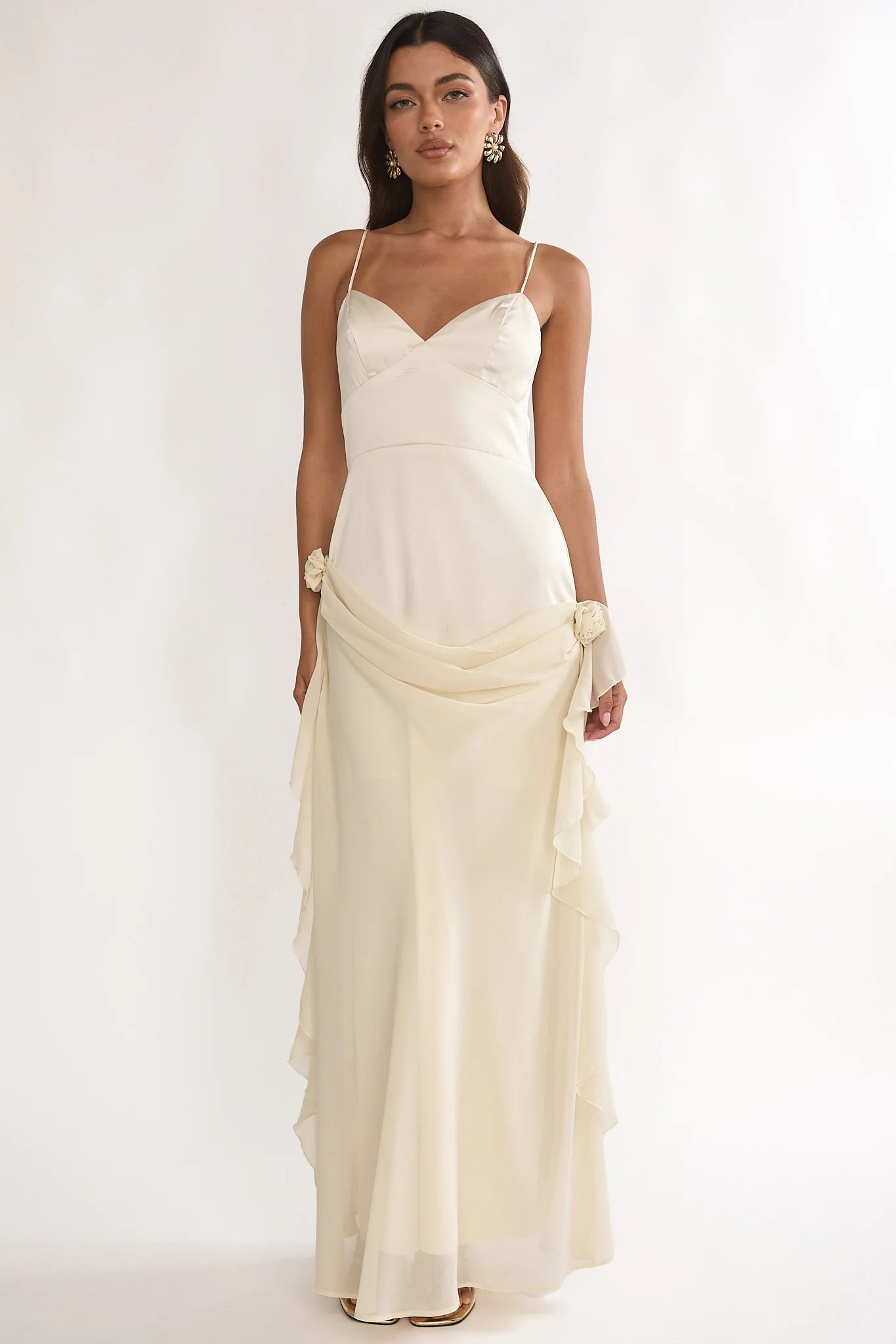 Rivena Rosette Chiffon Drape Maxi Dress Oyster