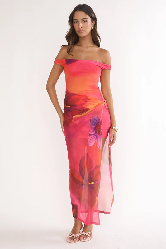 Romie Off-Shoulder Mesh Maxi Dress Print Floral