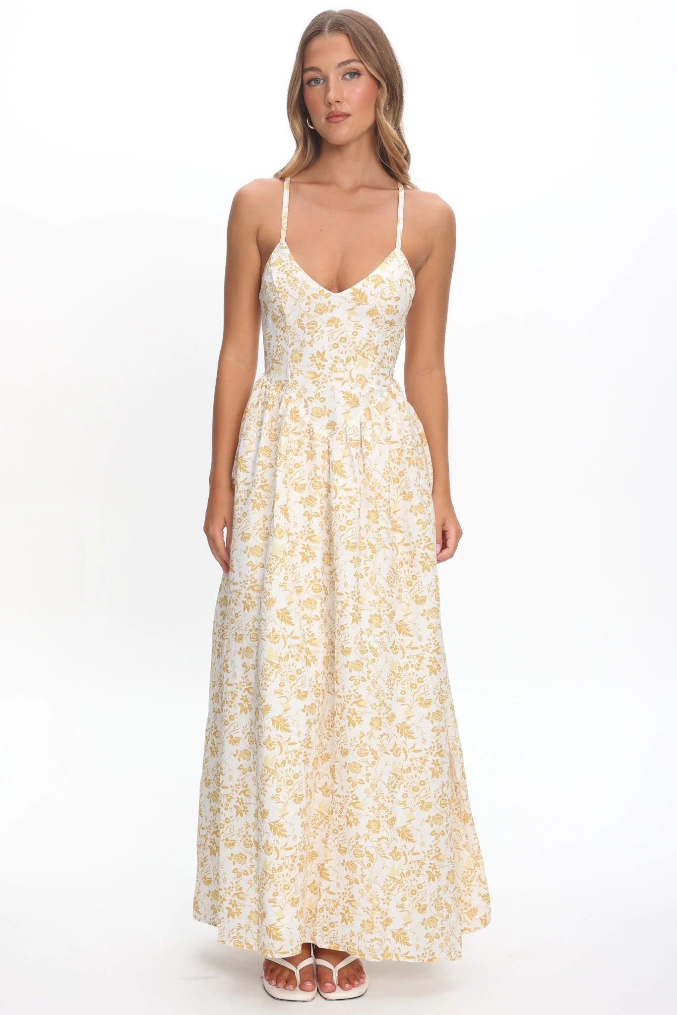Enchanted Leaf Floral Print A-Line Maxi Dress Yellow