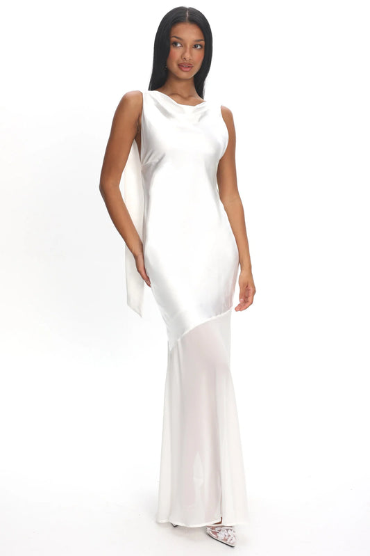 Second Glances Cowl Neck Backless Maxi Dress Oyster