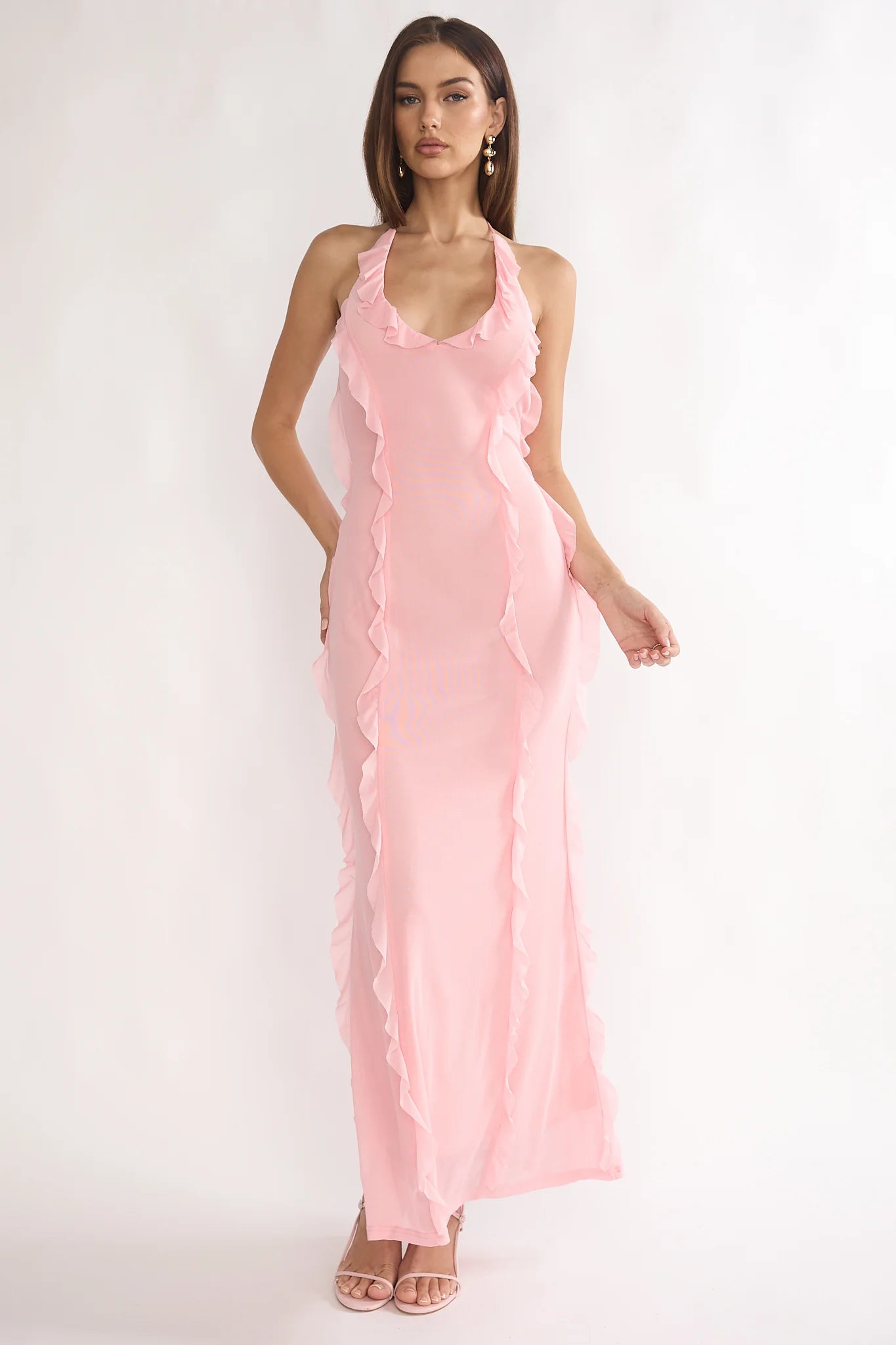 Collins Halter Ruffle Trim Maxi Dress Pink