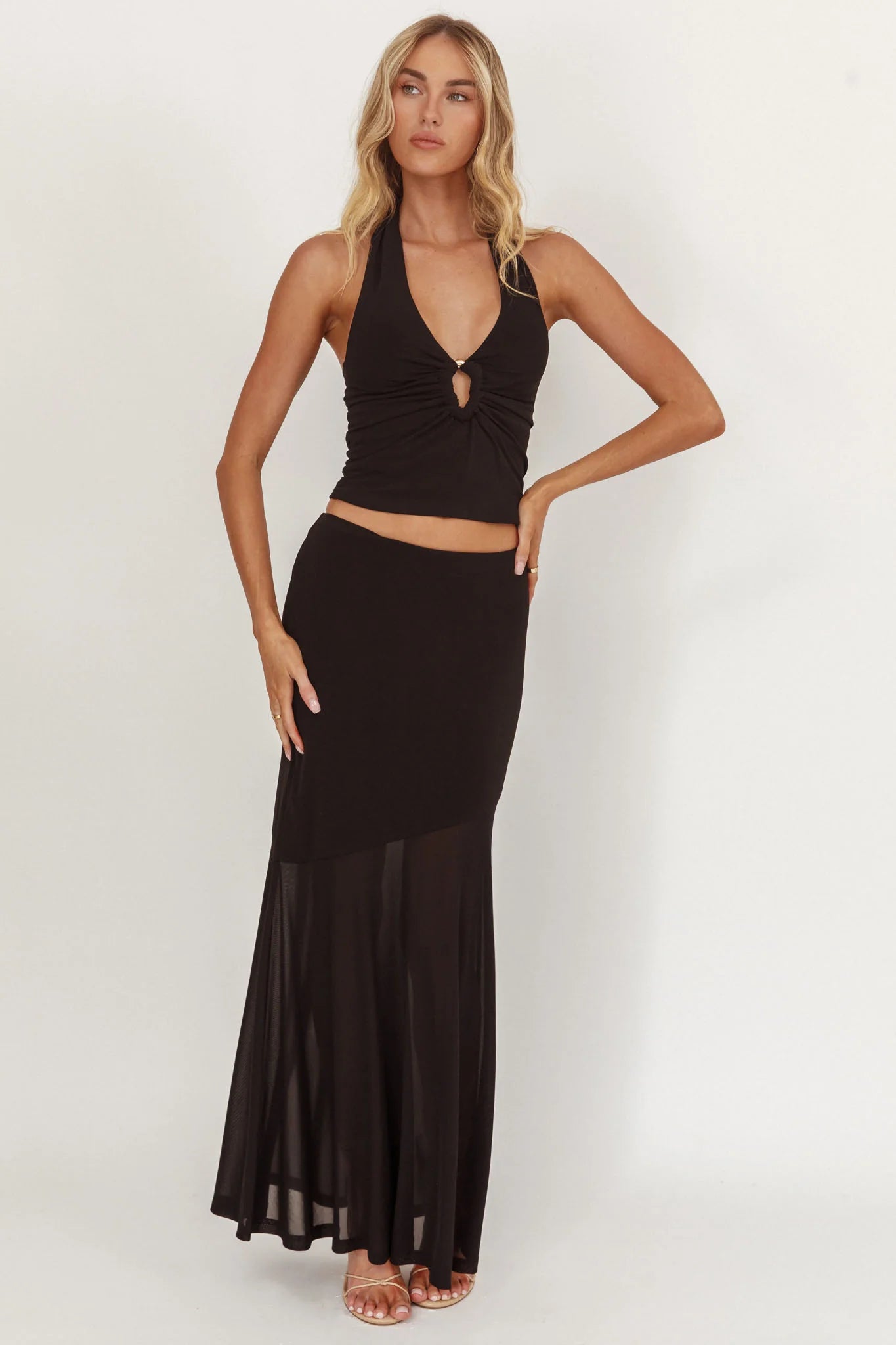 Somewhere New Half Sheer Maxi Skirt Black