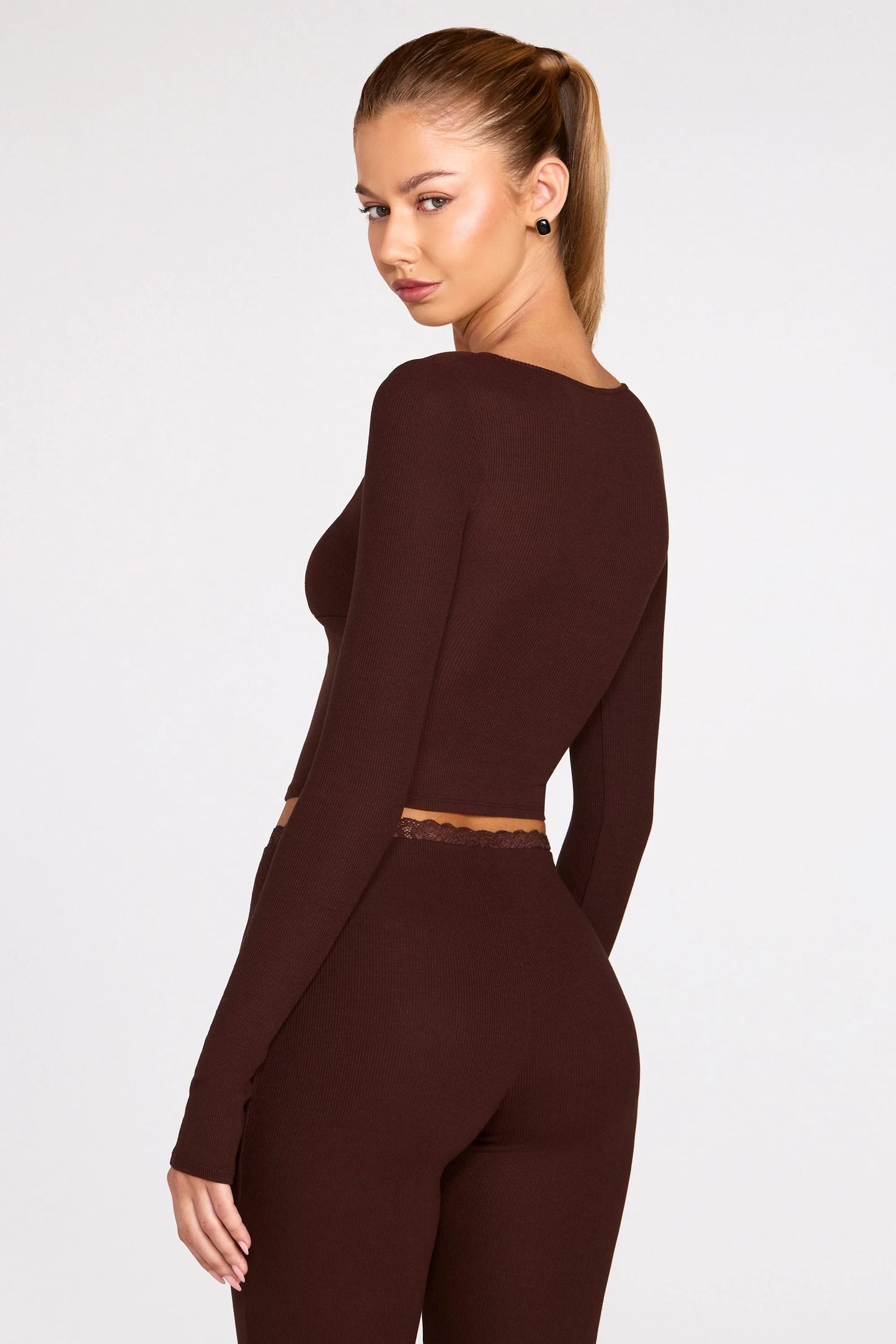 Ribbed Modal Long-Sleeve Laced Bra Top in Chocolate Brown