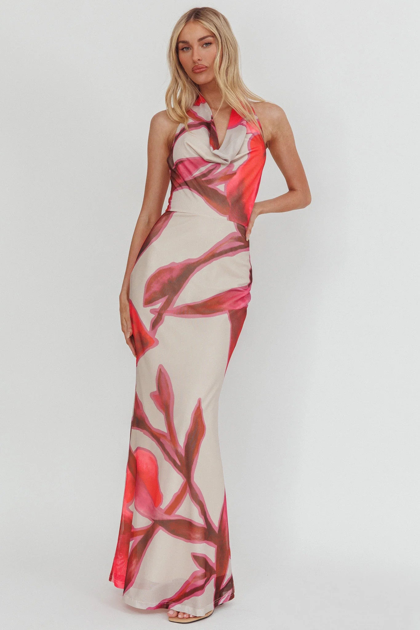 Outlier Cowl Halterneck Maxi Dress Print Beige
