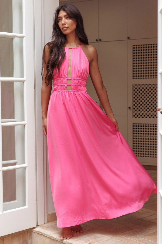 Cyndi Open Back Halterneck Maxi Dress Hot Pink