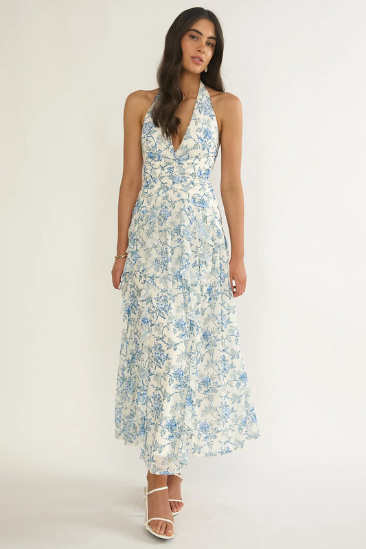 She's Glowing Halterneck Ruffle Dress Floral Blue