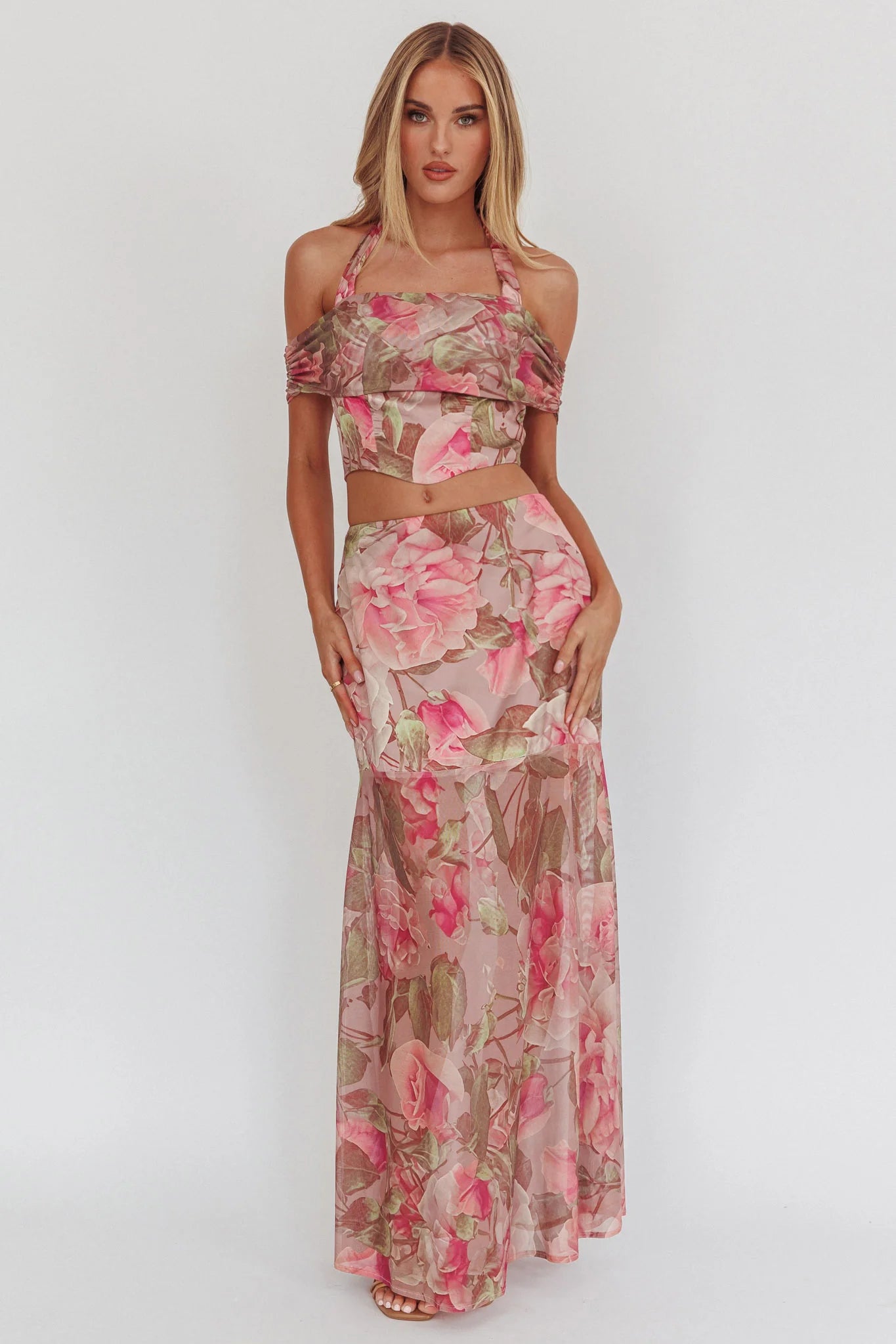 Sunset High Halterneck Crop Top Floral Blush