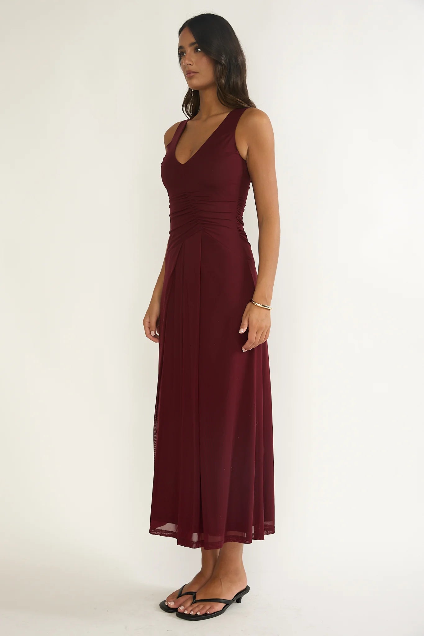 Cambrea Ruched Bodice Midi Dress Burgundy