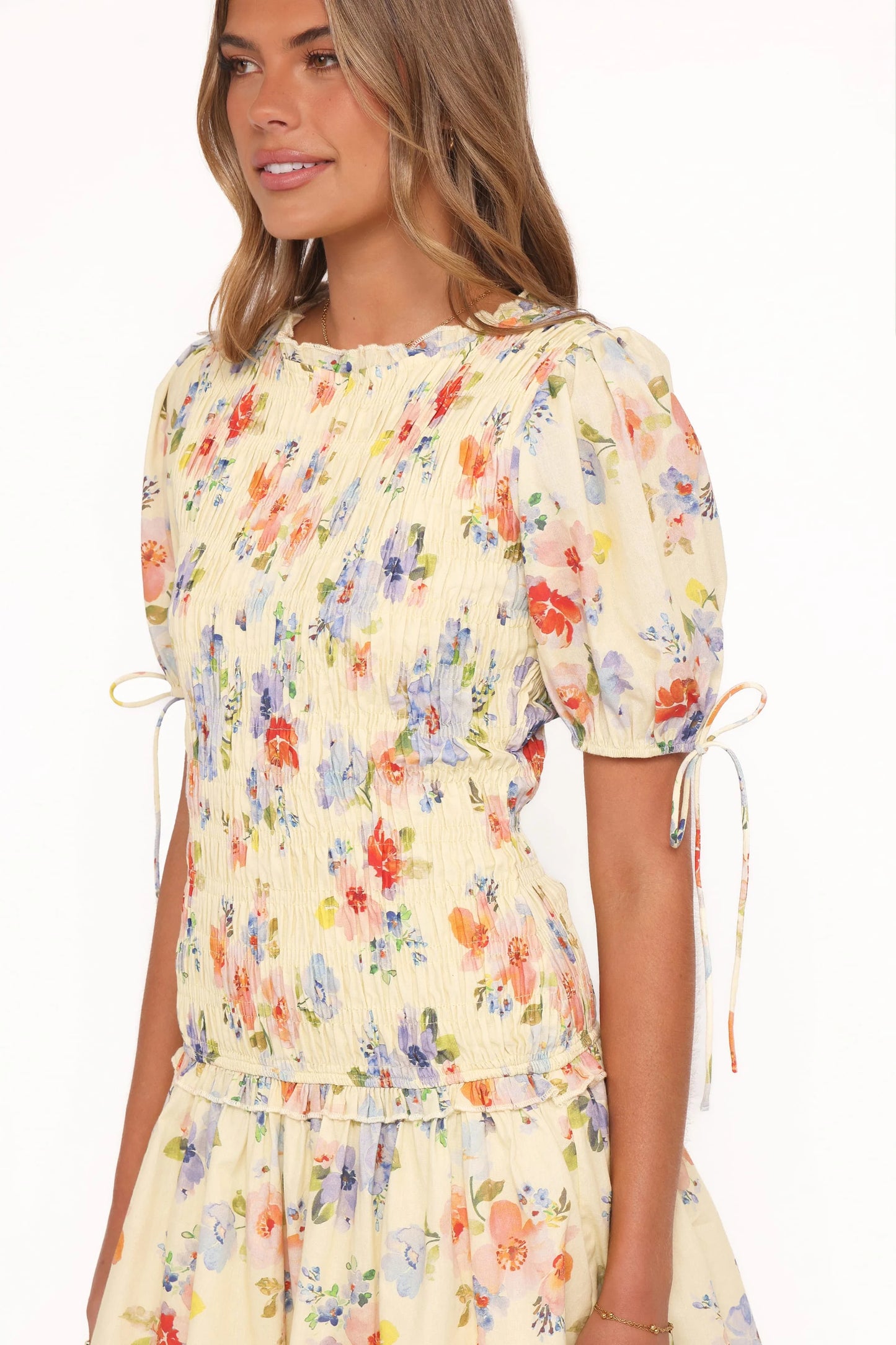 Kaelyn Gather Mini Dress - Yellow Floral