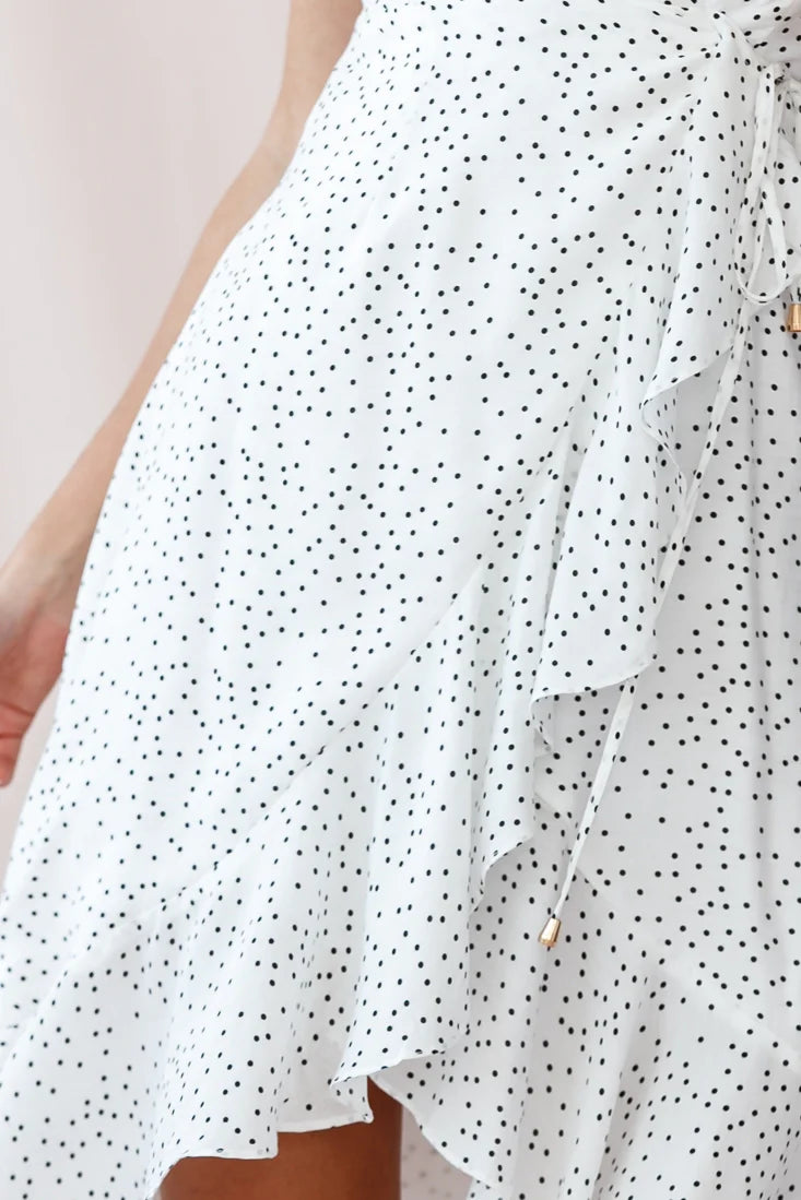 Blessed Wrap Ruffle Hem Midi Dress Dot Print White
