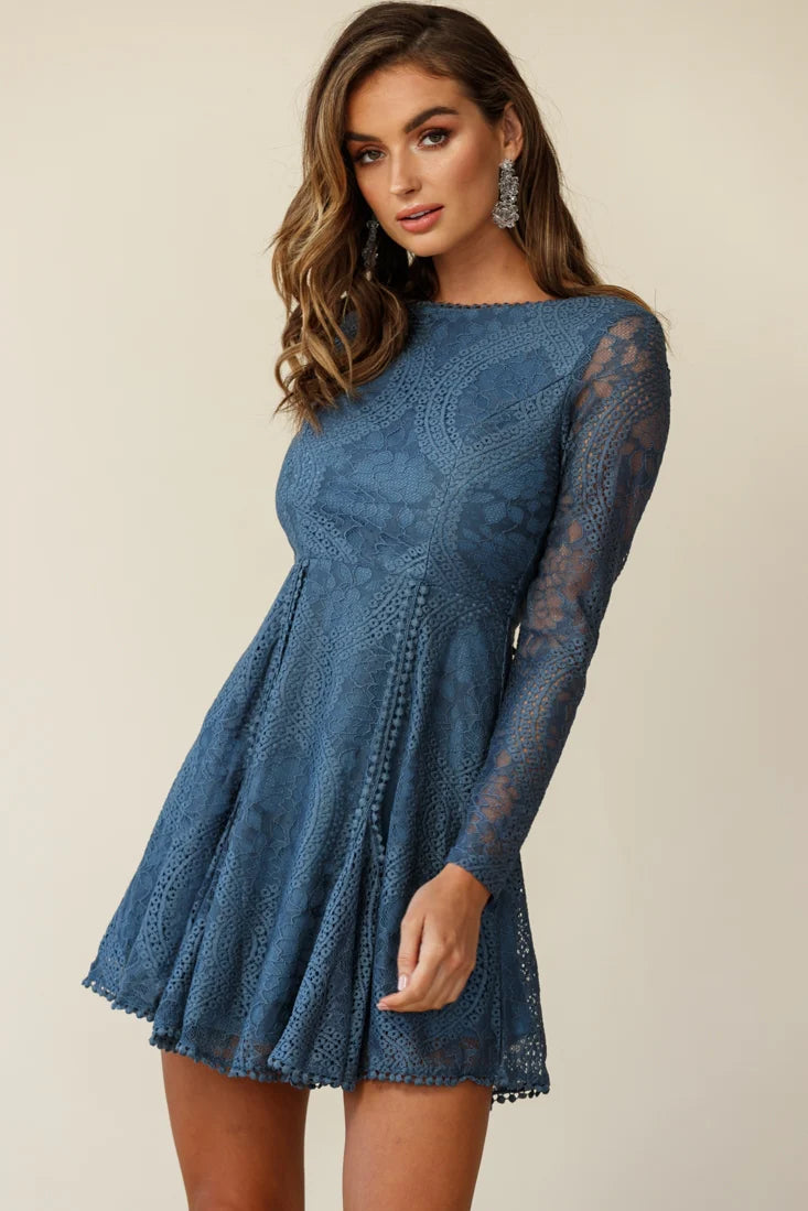 Palm Springs Lace Overlay Low Back Dress Midnight Blue