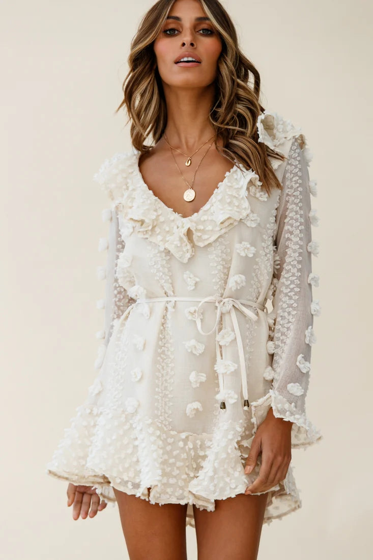 Georgie Long Sleeve Frill Neckline Embellished Chiffon Dress Beige