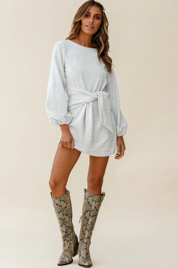 Rapt Waist Tie Bishop Sleeve Knit Dress Steel Grey