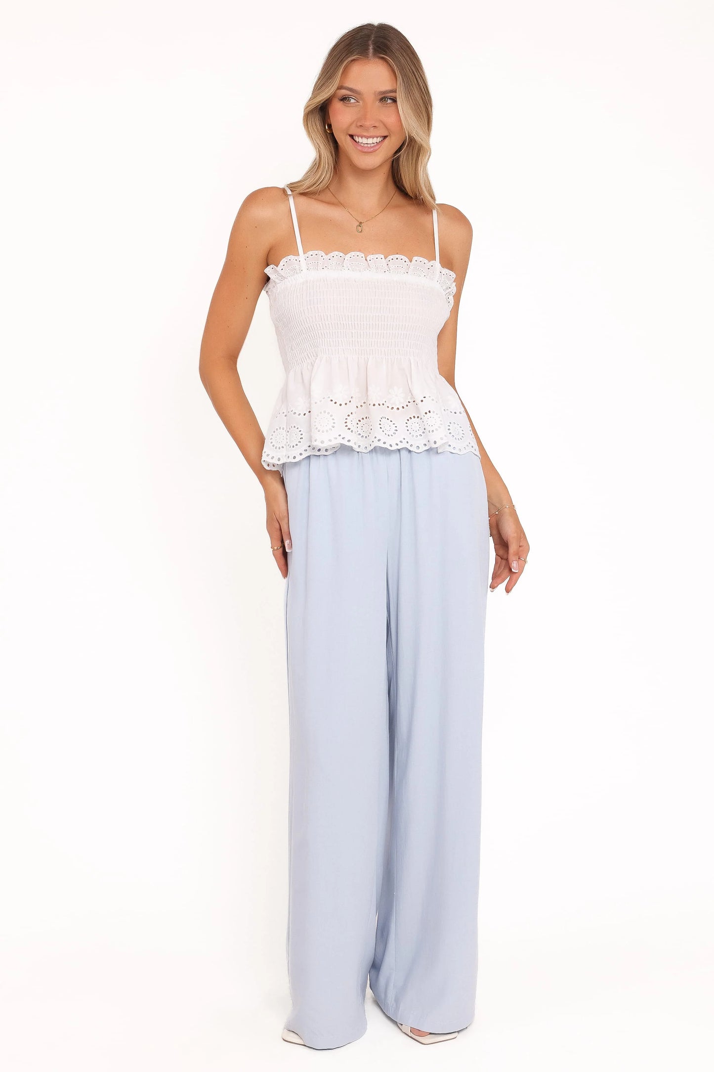 Gretal Smocked Eyelet Top - White