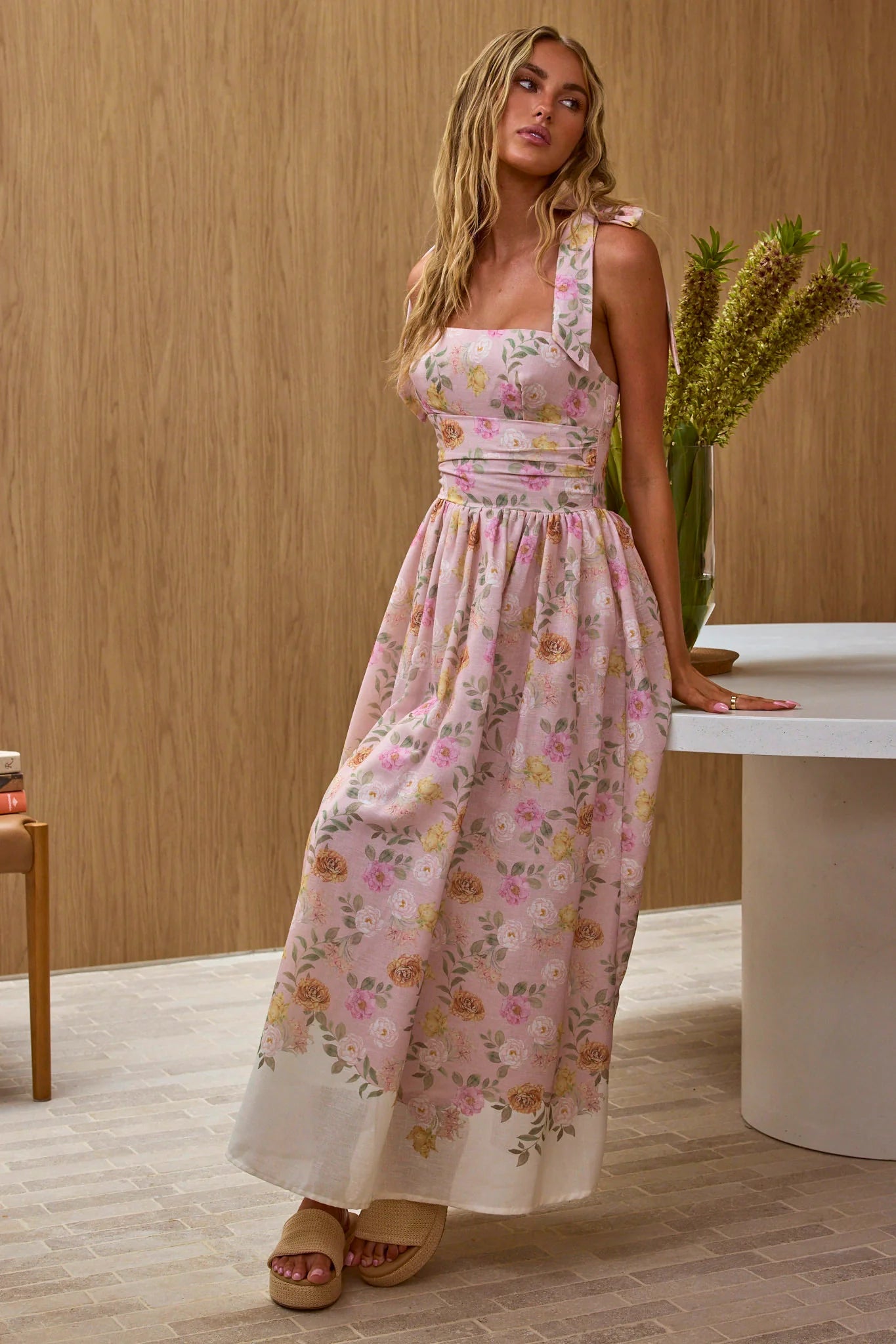 Dua Tied Shoulder Maxi Dress Floral Peach