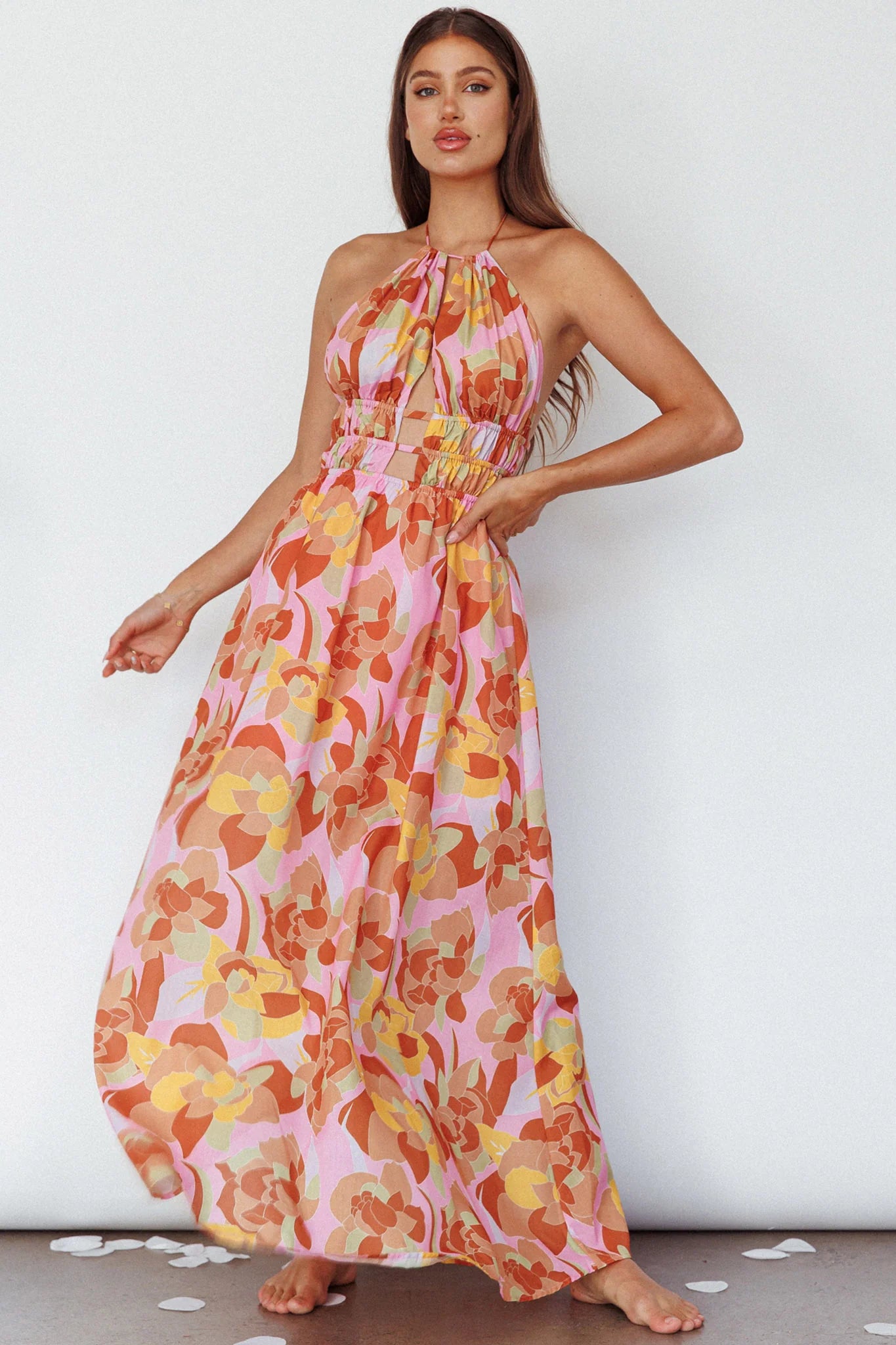 Cyndi Open Back Halterneck Maxi Dress Pink Multi