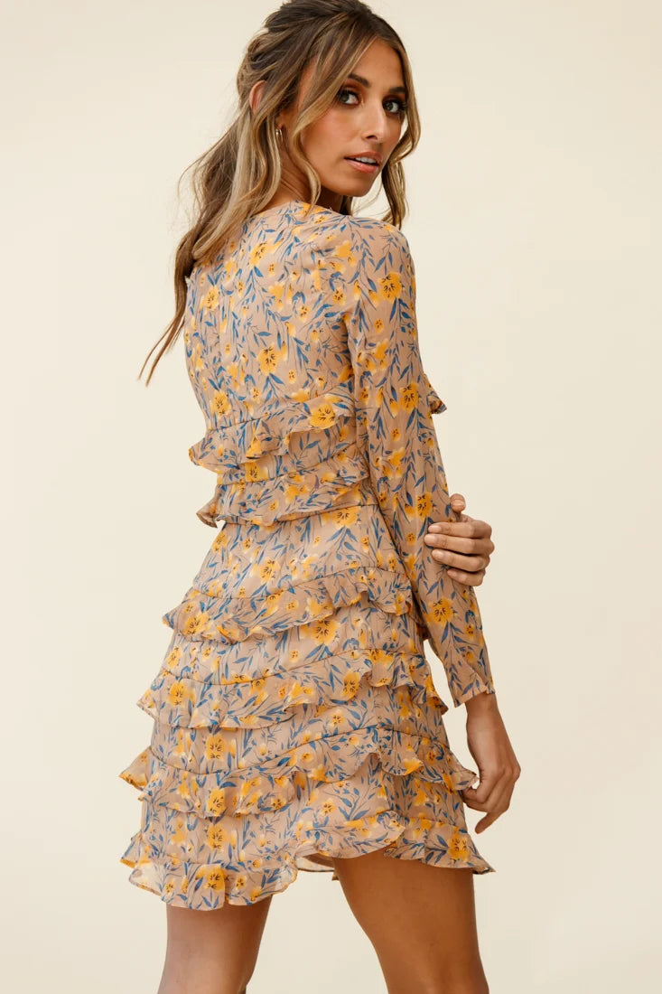 Charmaine Long Sleeve Tiered Frill Dress Floral Print Mocha