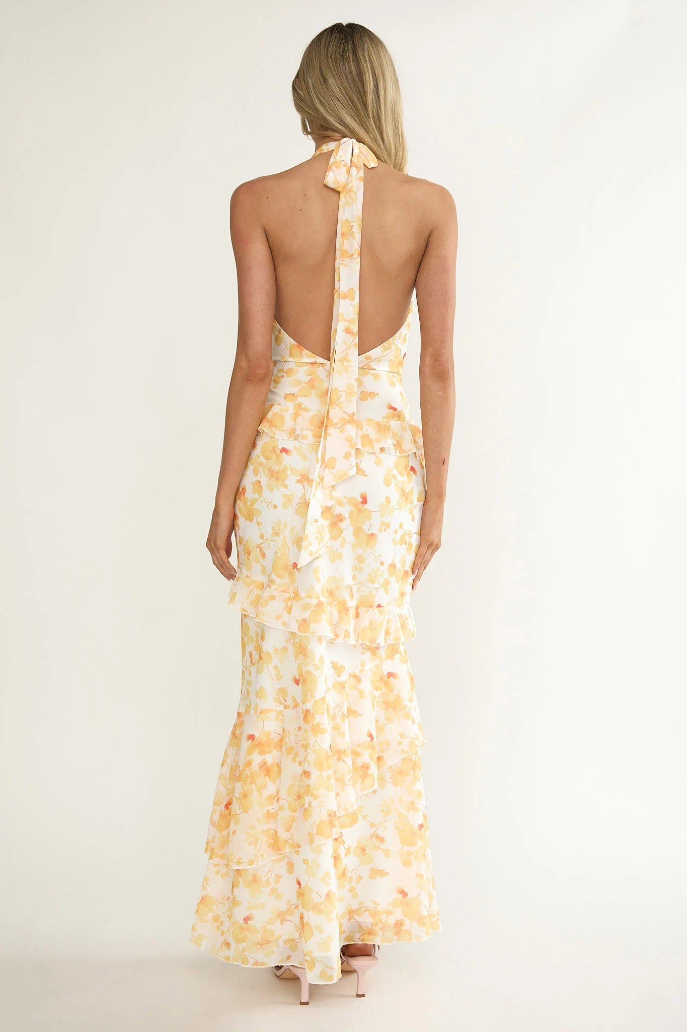 Cipriana Frill Trim Halter Maxi Dress Floral Yellow