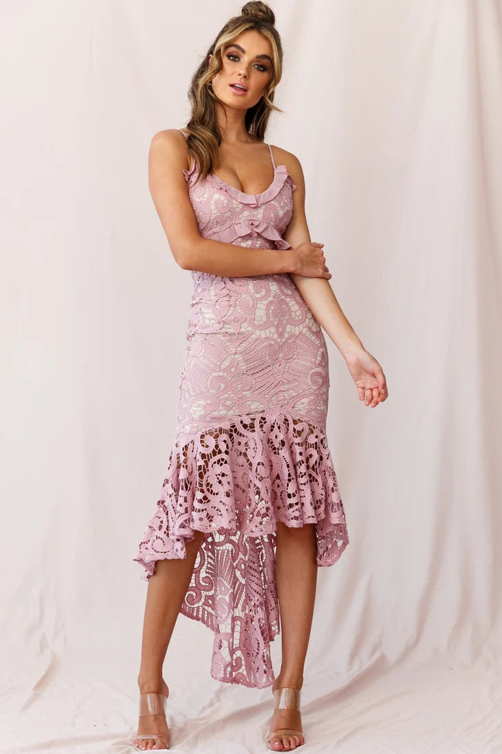 Shakeera High-Low Hem Lace Dress Blush