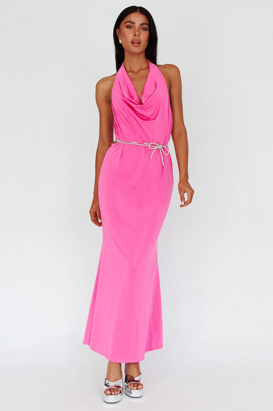 Emmi Cowl Neck Diamante Rope Dress Magenta