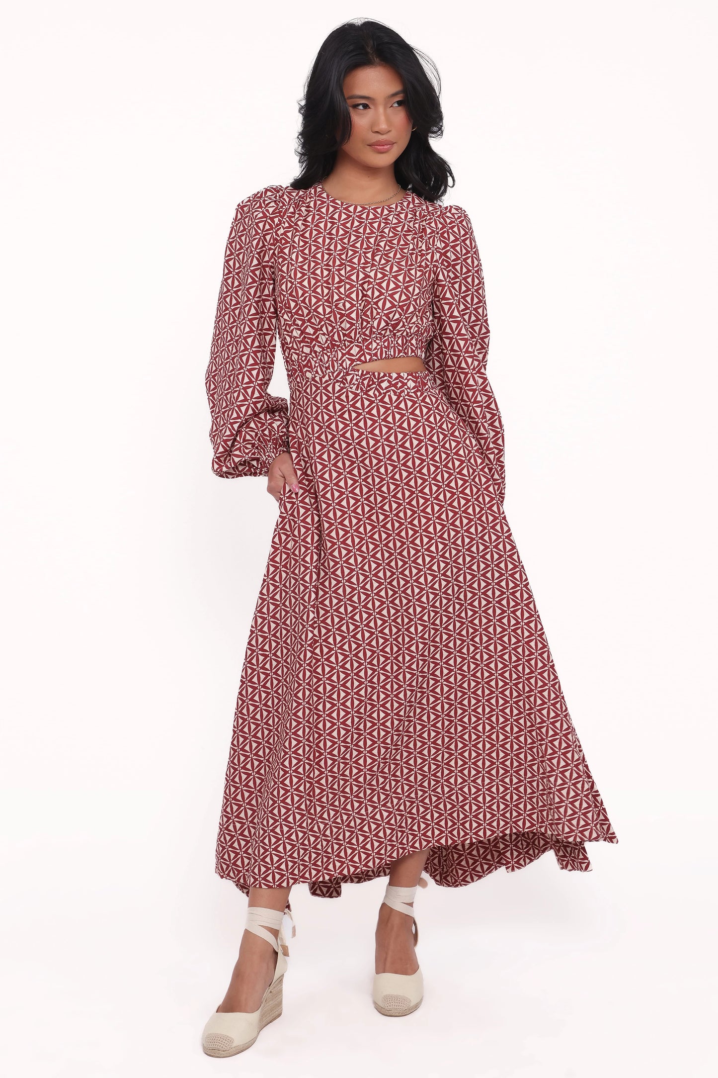 Ginnee Puff Sleeve Cutout Midi Dress - Brown Geo