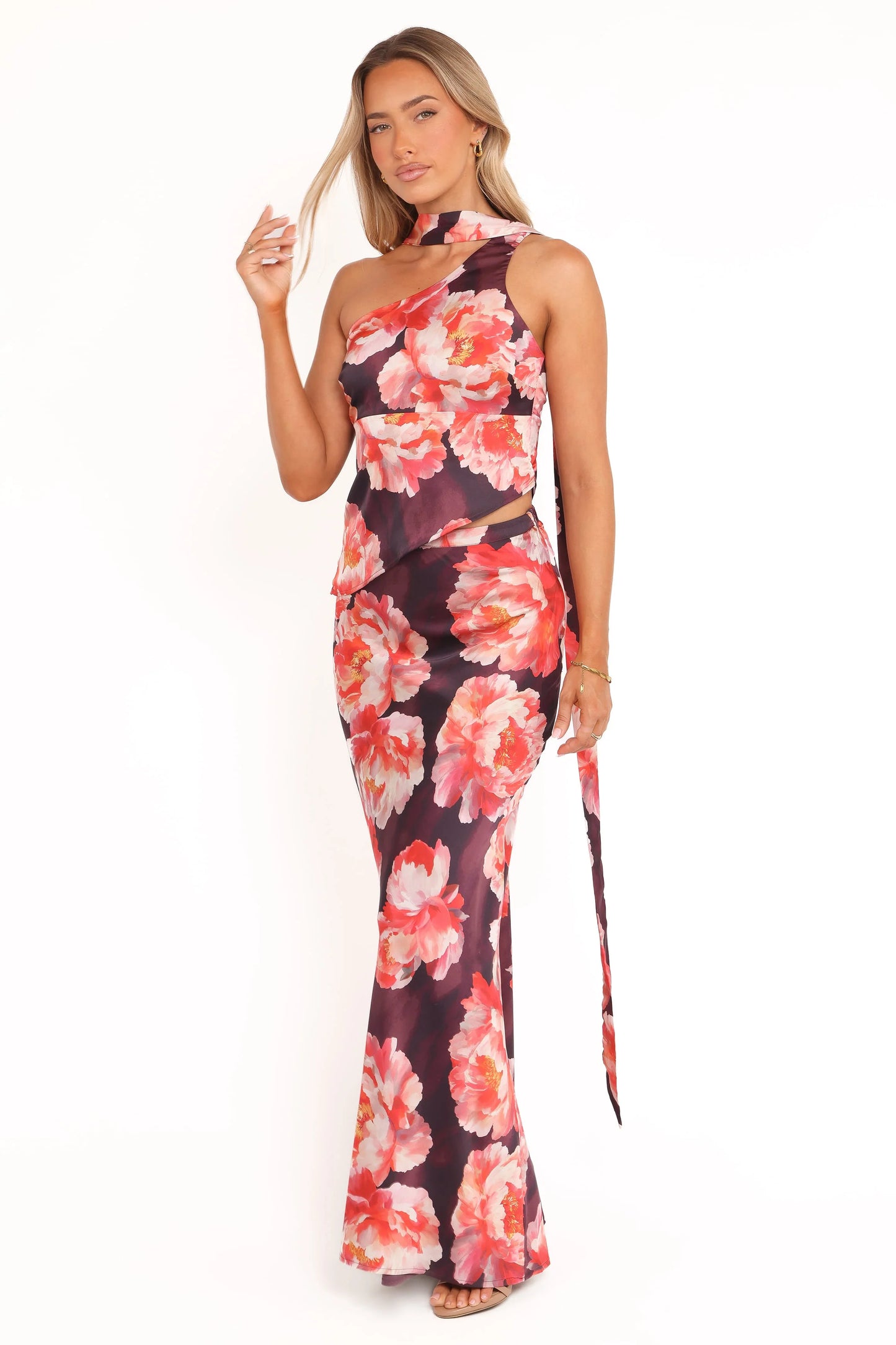 Georgina One Shoulder Skirt Set - Burgundy Peony