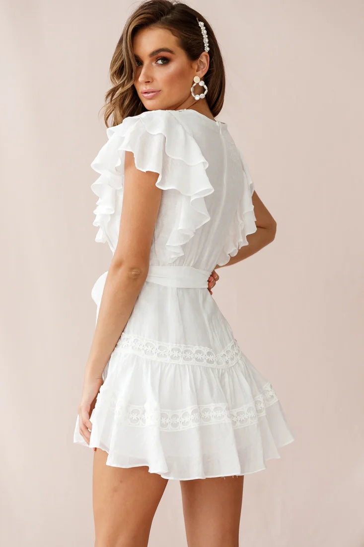 Sheridan Double Frill Sleeve Crochet Detail Dress White
