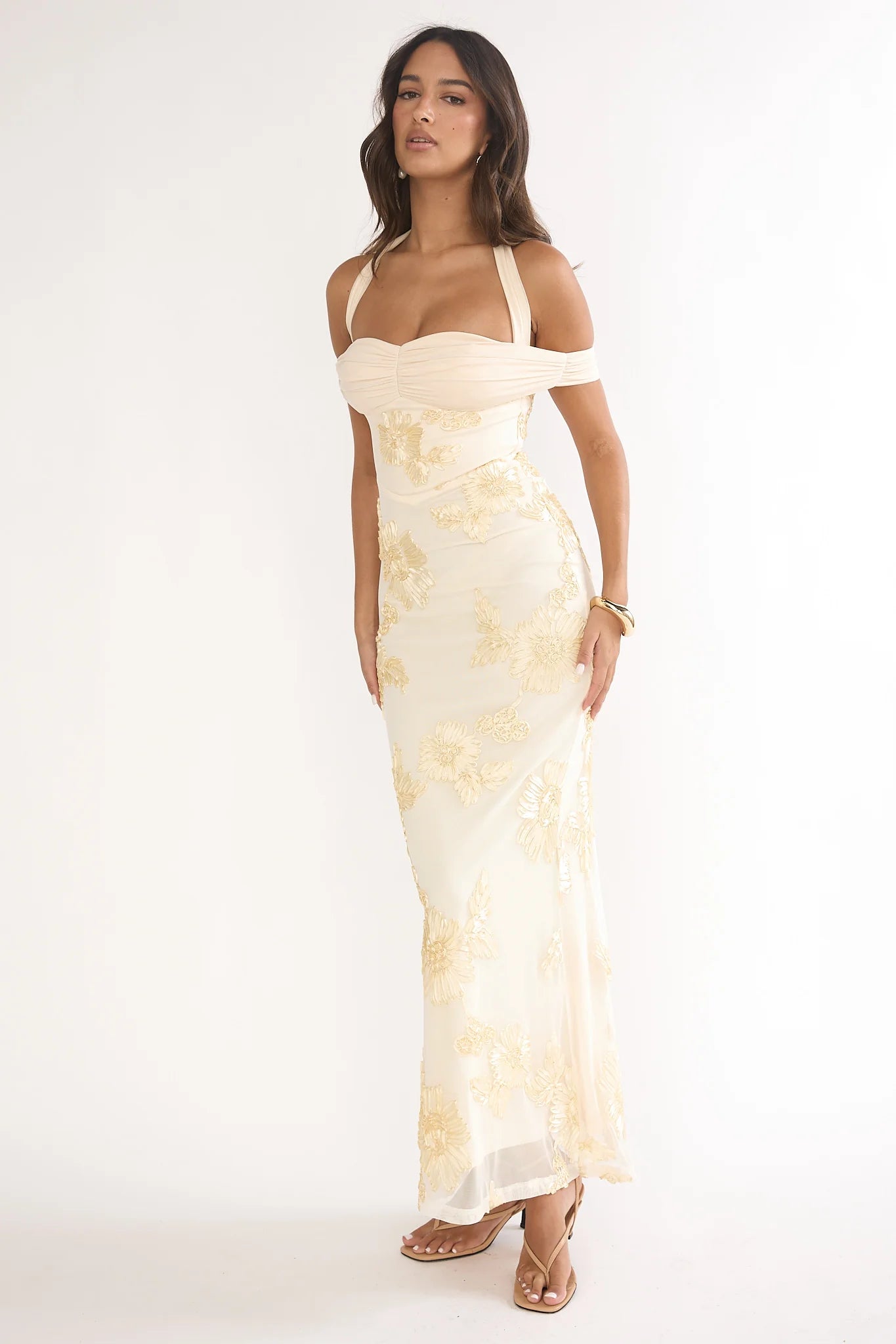 Fleurie Halter Off-Shoulder Maxi Dress Embellished Yellow