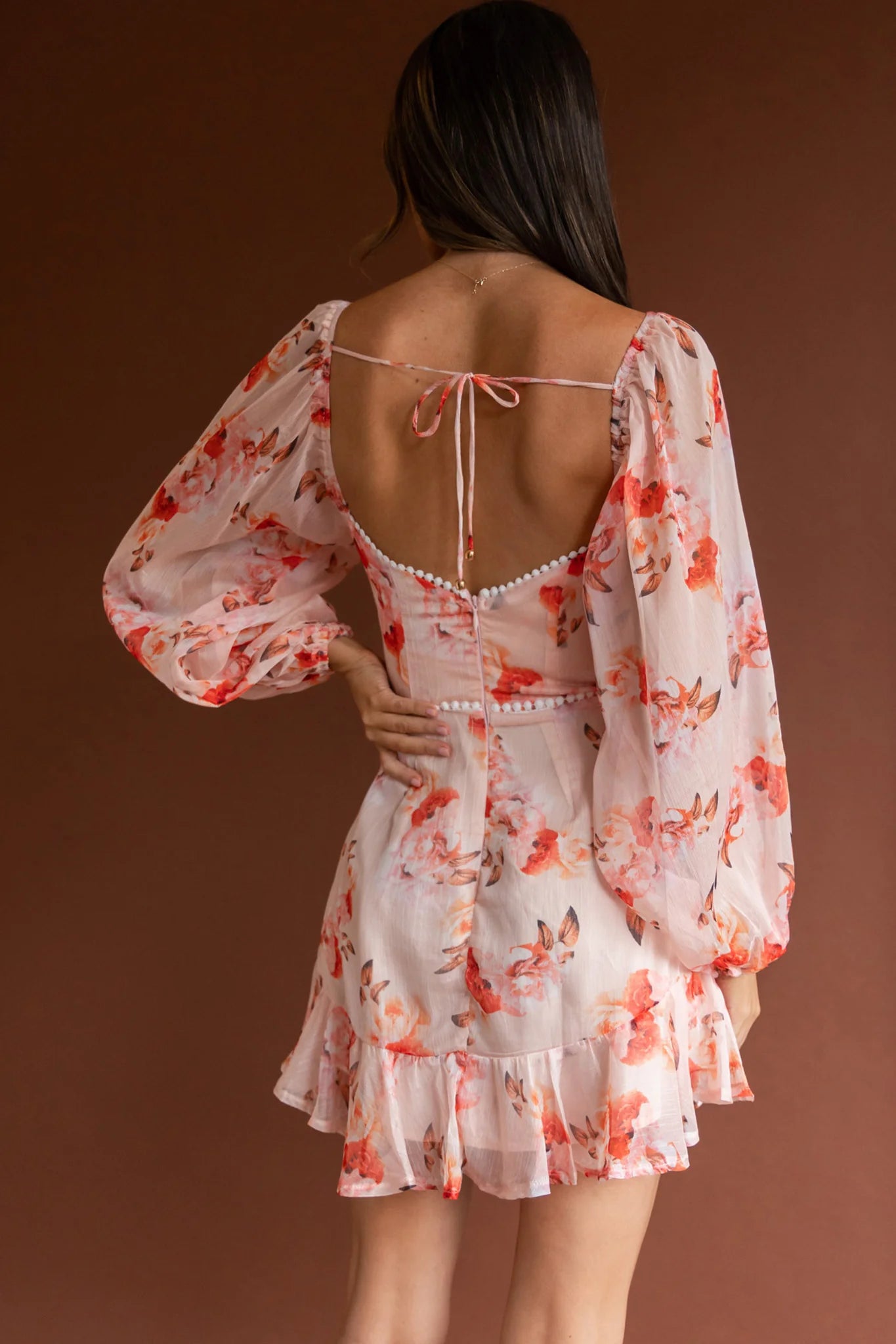Catch Feelings Sweetheart Neckline Dot Trim Dress Rose Print Orange