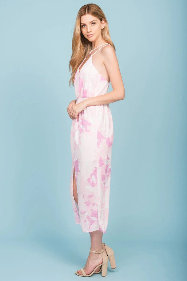 Emilia Open Back Floral Print Midi Dress Pink