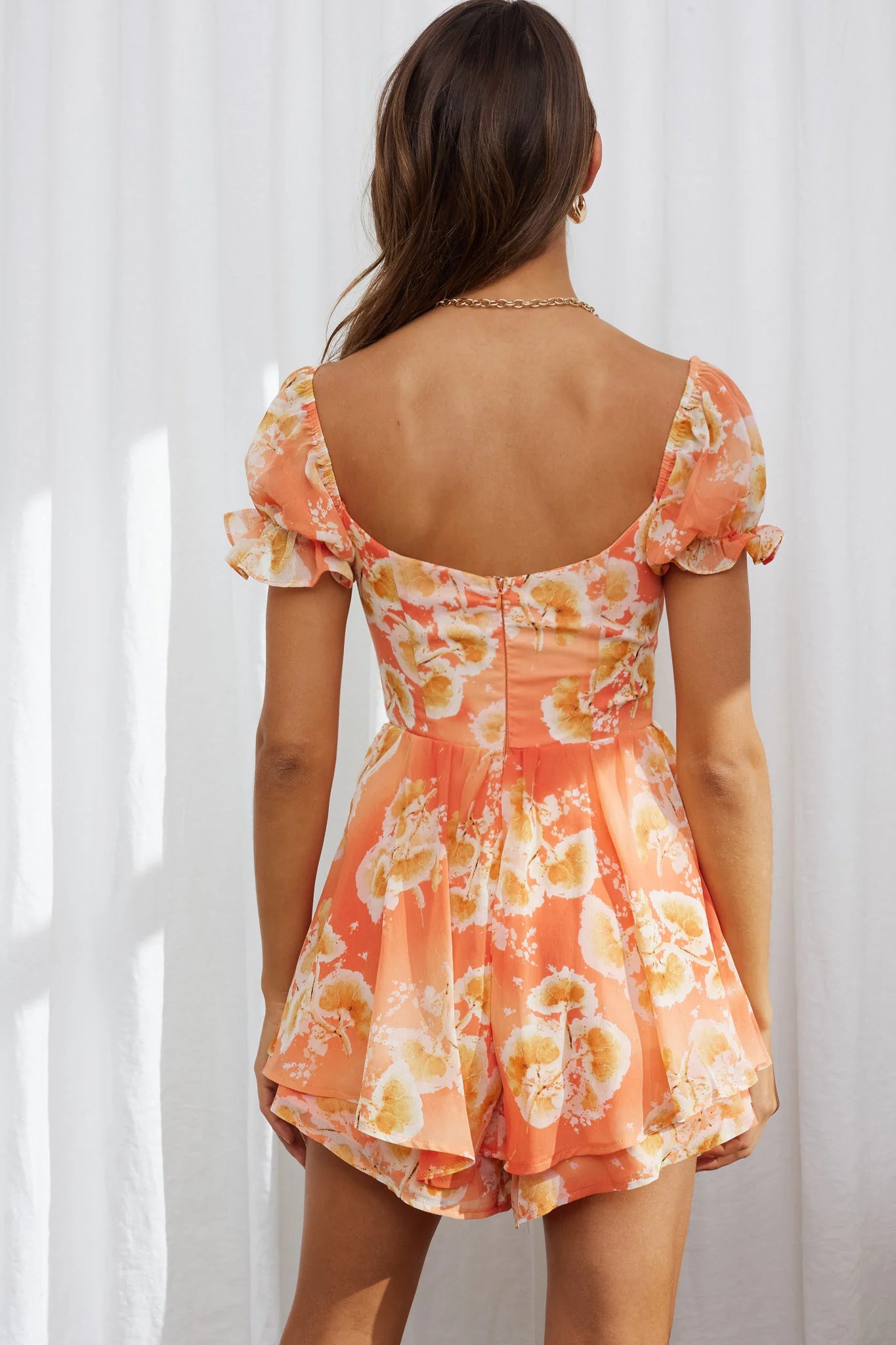 Sweet Romance Puff Sleeve Romper Watercolor Print Rust