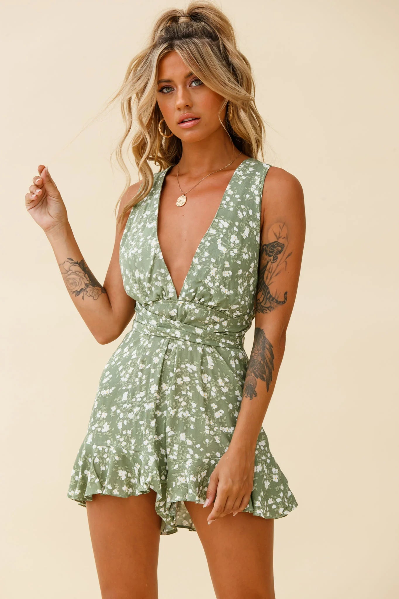 Playa Vista Halterneck Frill Hem Romper Floral Print Olive