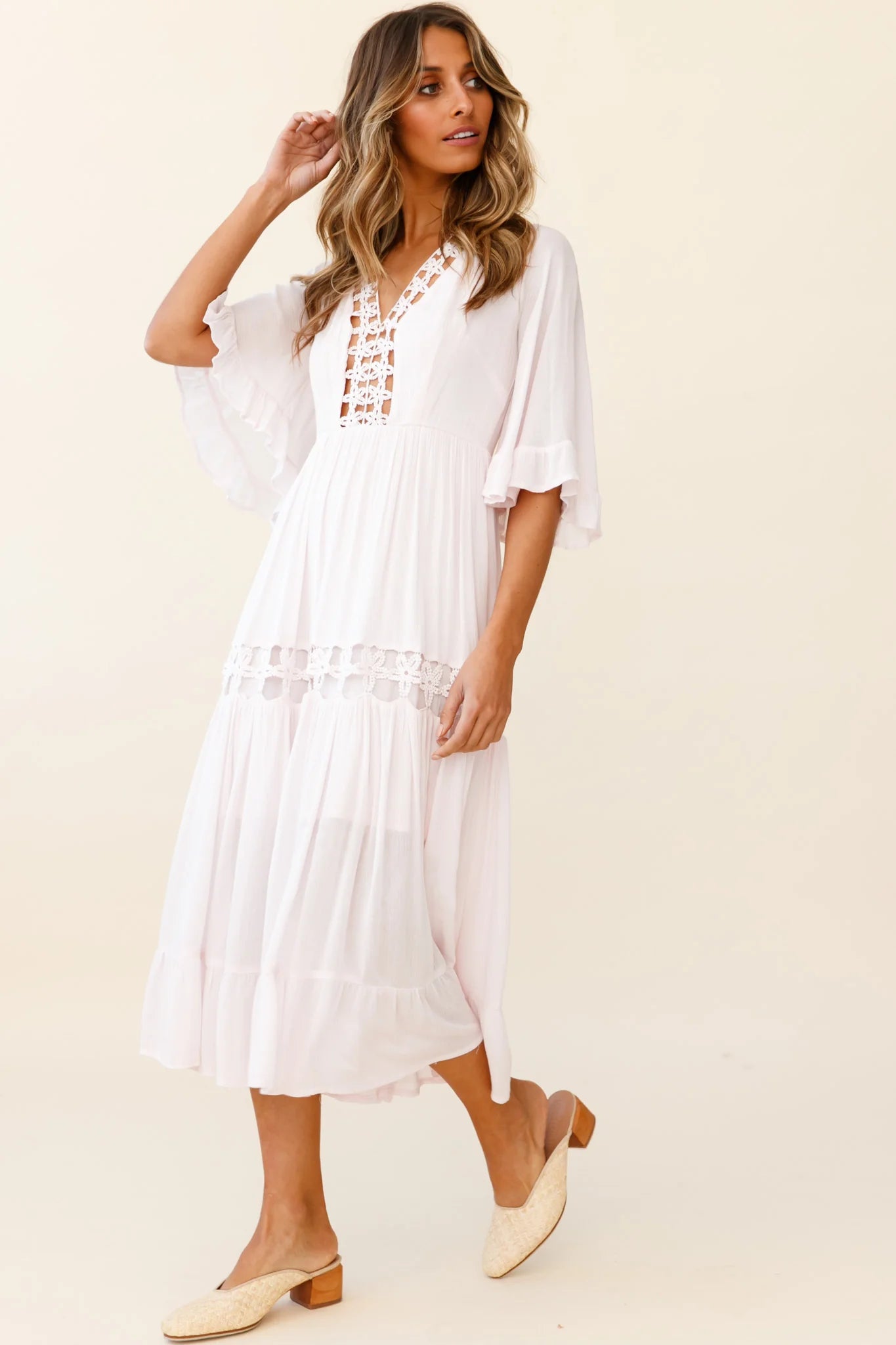Feeling Groovy Bell Sleeve Crochet Trim Maxi Dress Pink