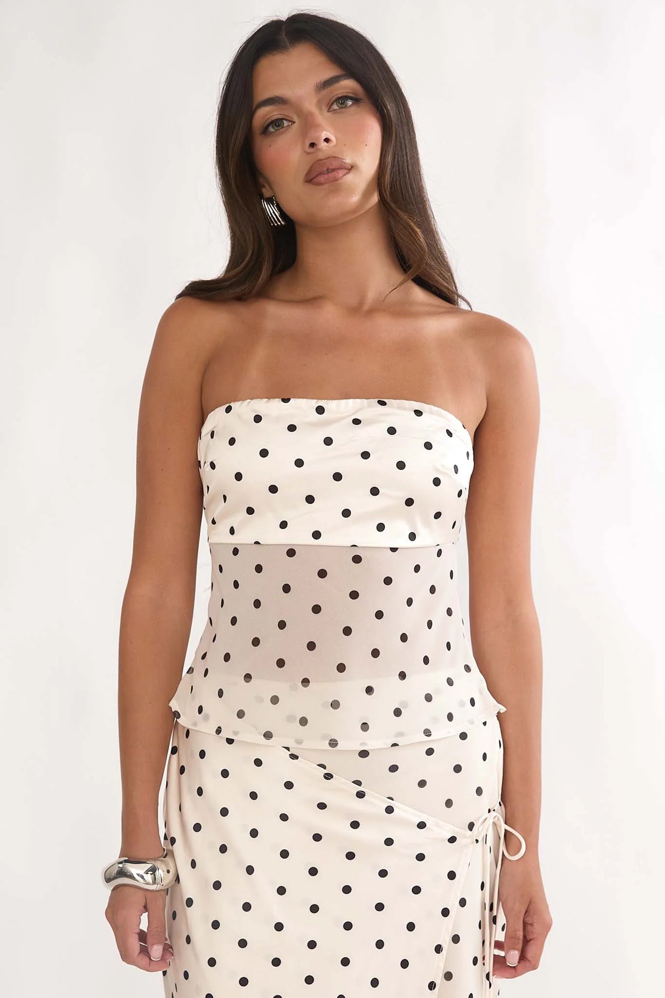 Jerica Strapless Sheer Waist Top Polka Dot Beige