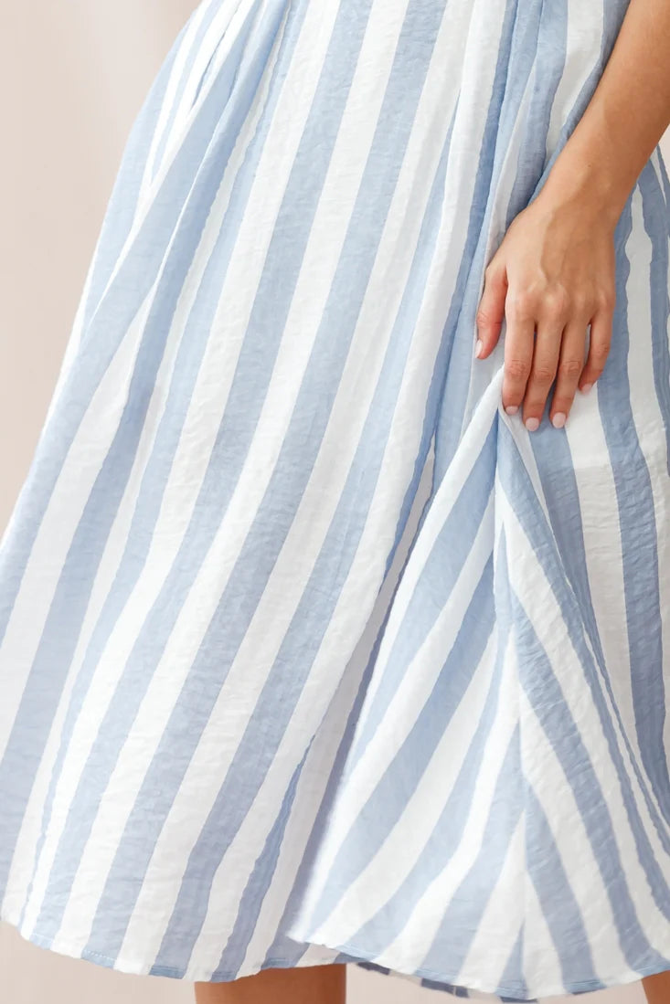Crystal Tied Knot Belt Midi Dress Stripe Print Blue