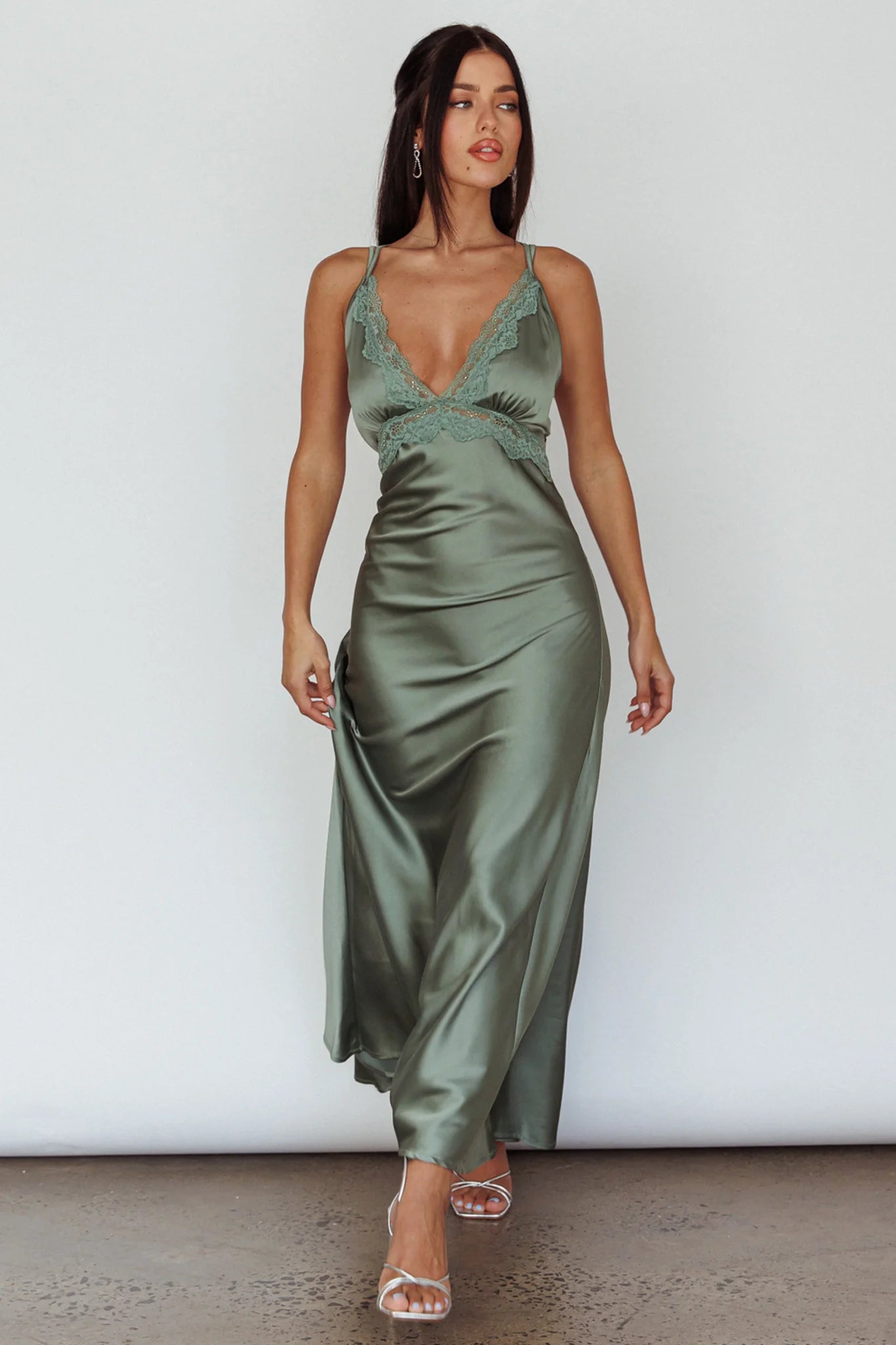 Signature Lace Trim Midi Dress Sage