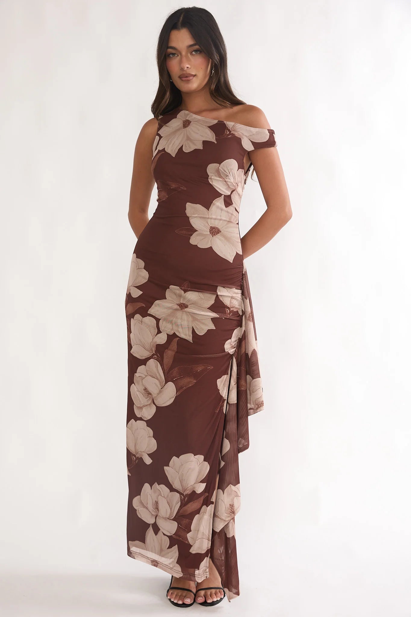 Raphaella Asymmetric Neckline Split Maxi Dress Magnolia Brown