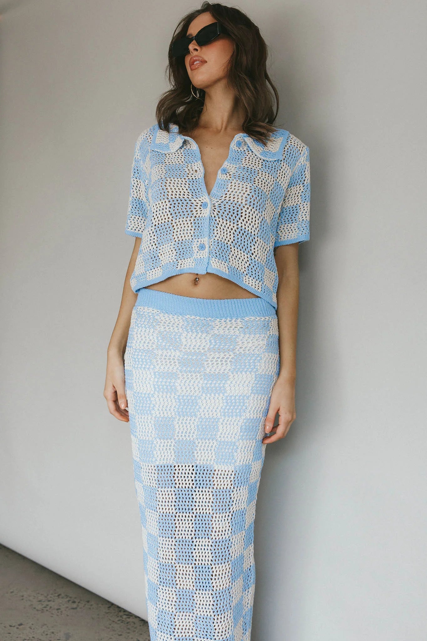 Byron Bay Crochet Buttoned Top Blue