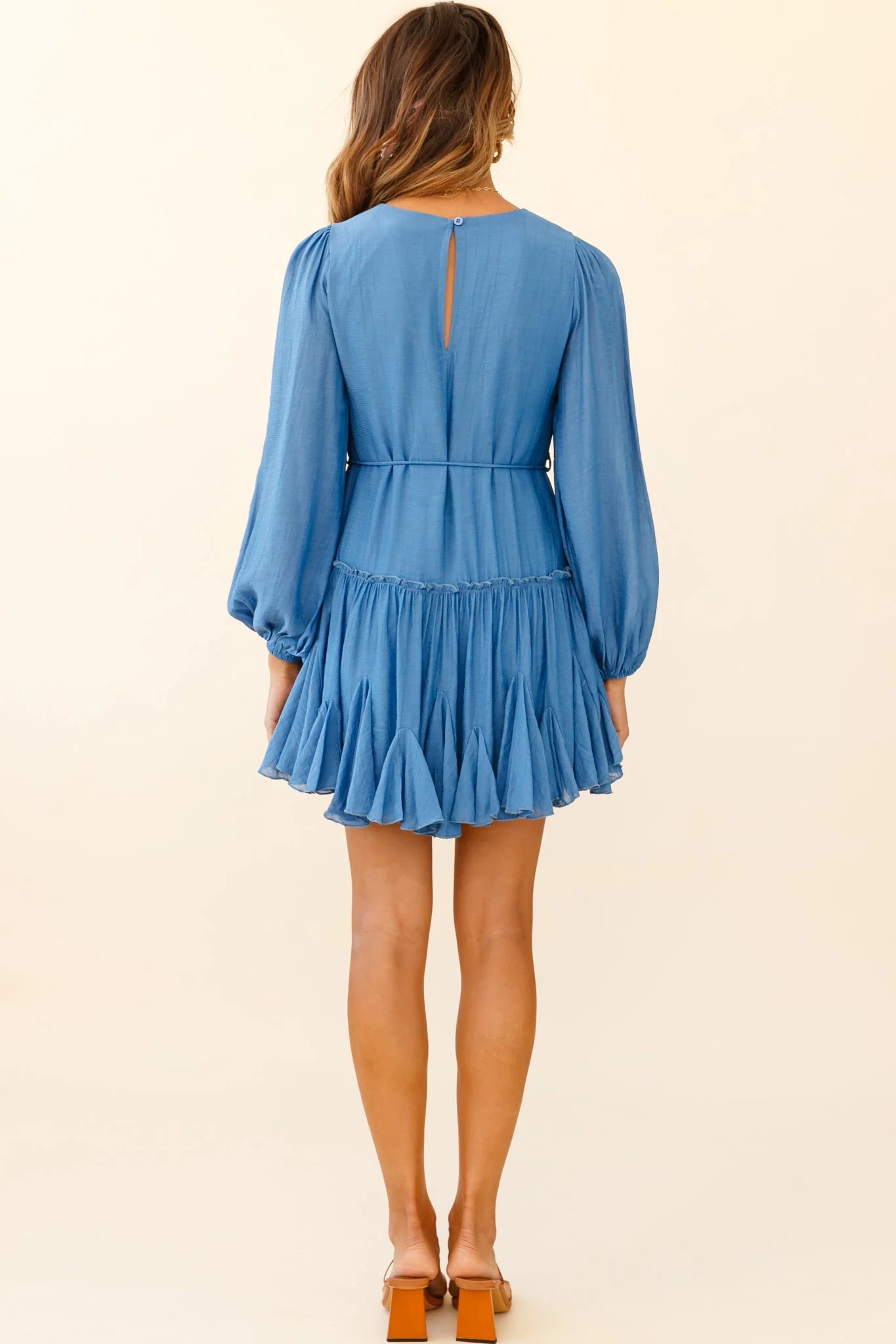 Rosabel Balloon Sleeve Fluted Hem Dress Denim Blue