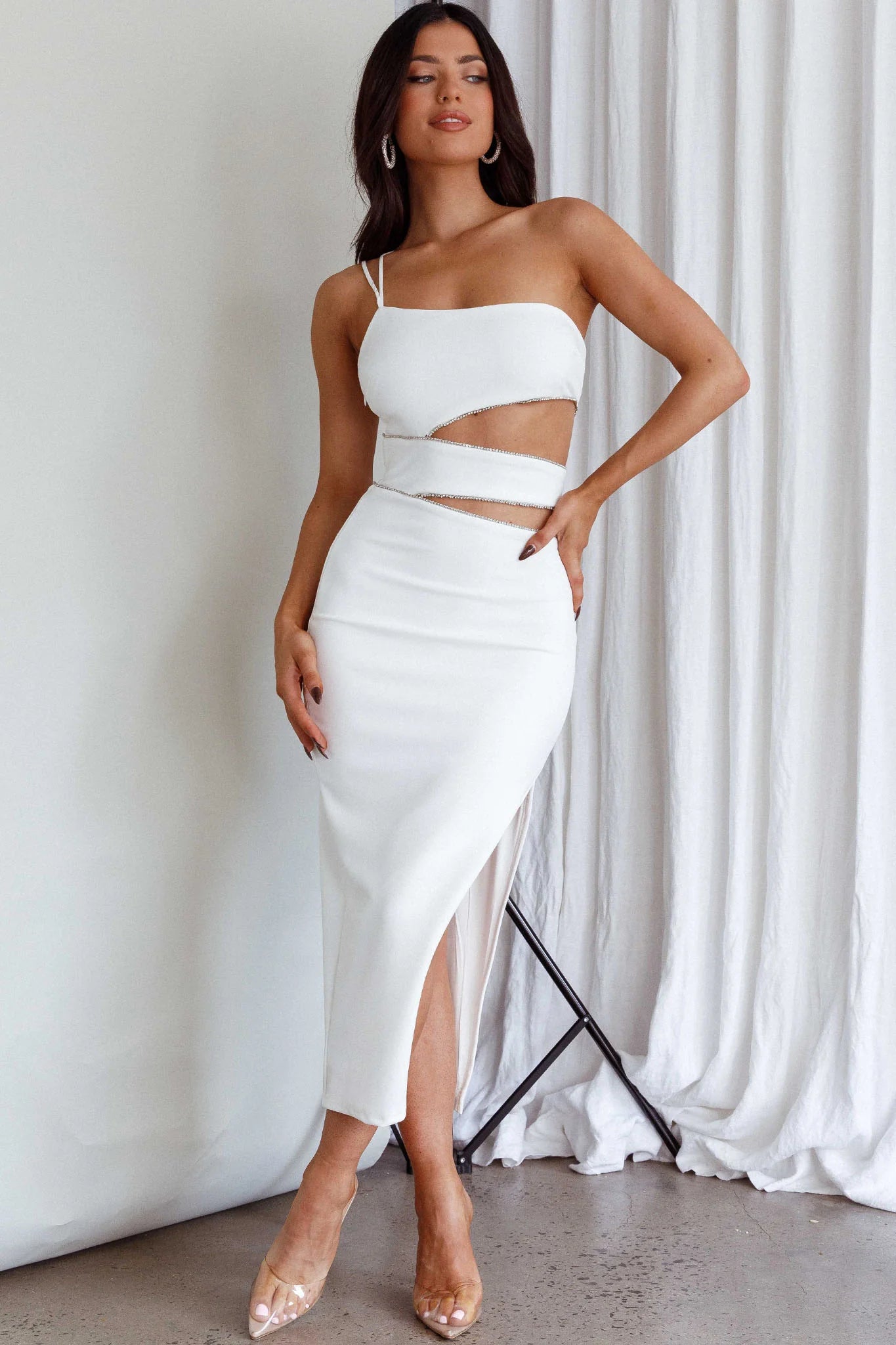 Raye Cut-Out Waist Rhinestone Midi Dress White