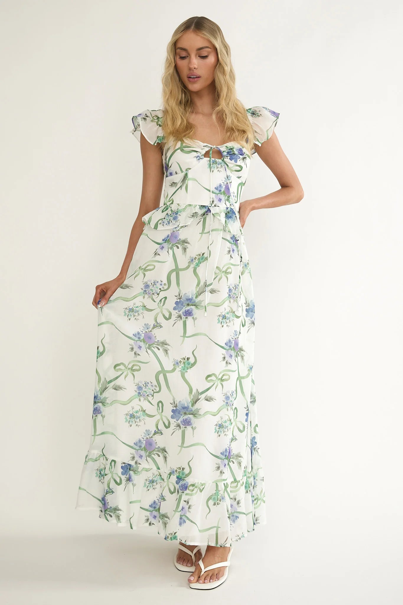 Hanalei Off-Shoulder Tied Bust Maxi Dress Floral White