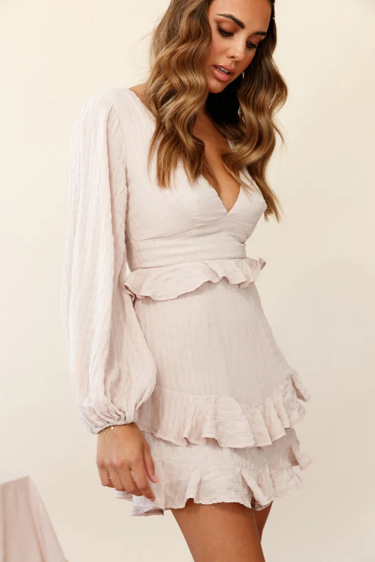 Queenie Long Balloon Sleeve Ruffle Trim Dress Beige